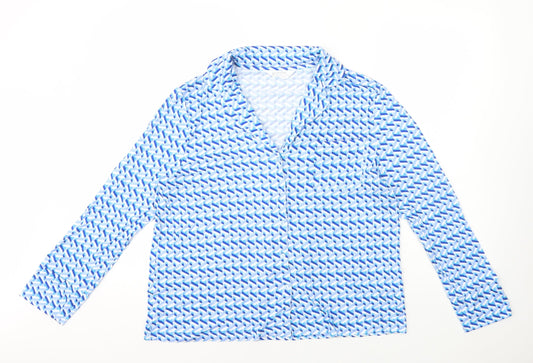 Primark Womens Blue Geometric Viscose Basic Button-Up Size M V-Neck