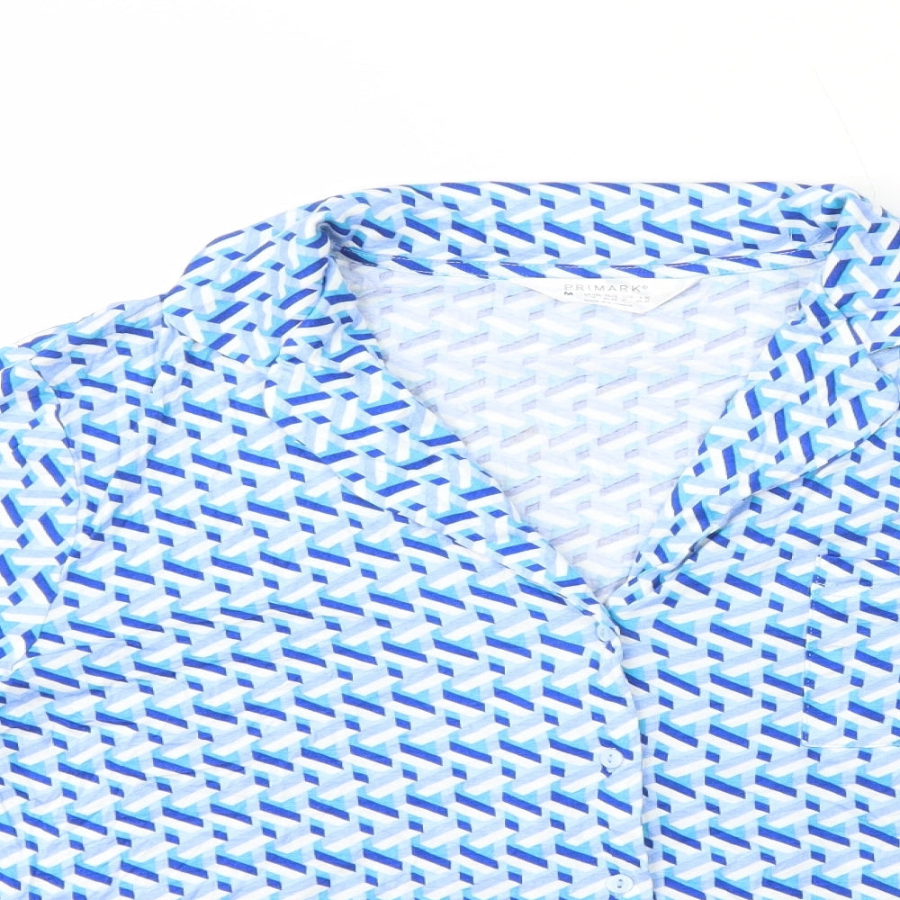 Primark Womens Blue Geometric Viscose Basic Button-Up Size M V-Neck