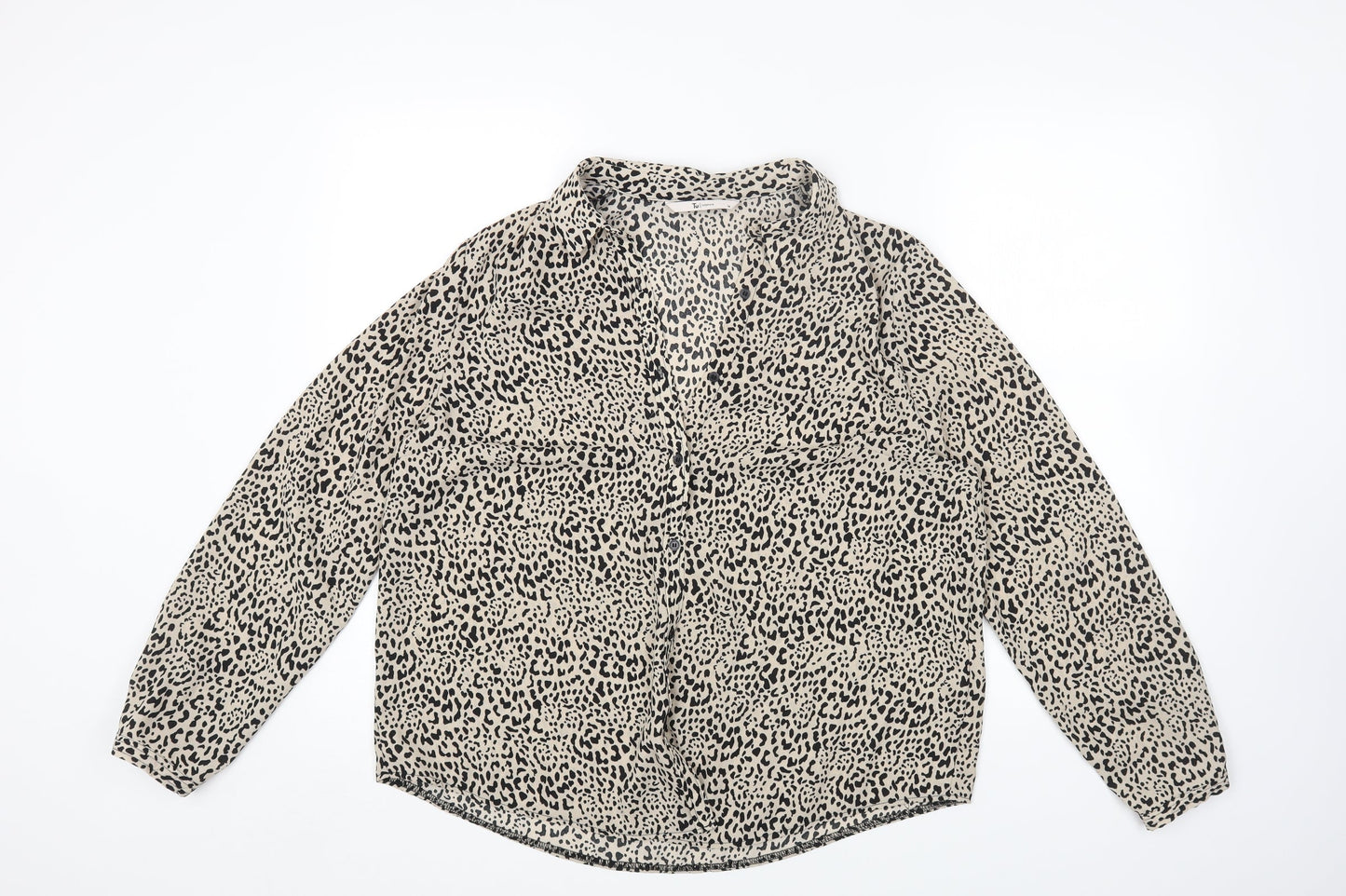 TU Womens Brown Animal Print Polyester Basic Button-Up Size 14 Collared