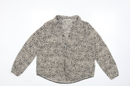 TU Womens Brown Animal Print Polyester Basic Button-Up Size 14 Collared