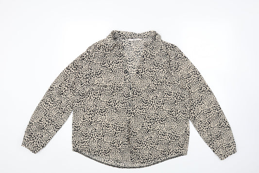 TU Womens Brown Animal Print Polyester Basic Button-Up Size 14 Collared