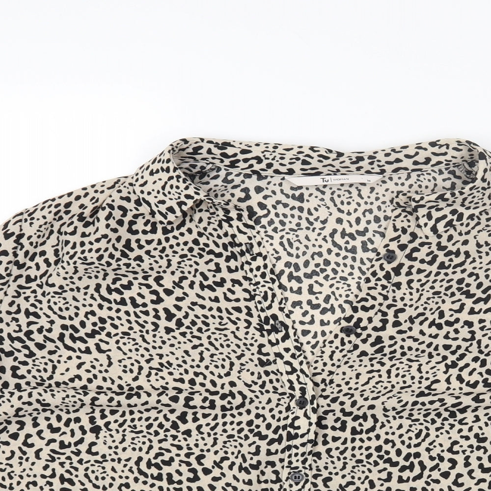 TU Womens Brown Animal Print Polyester Basic Button-Up Size 14 Collared