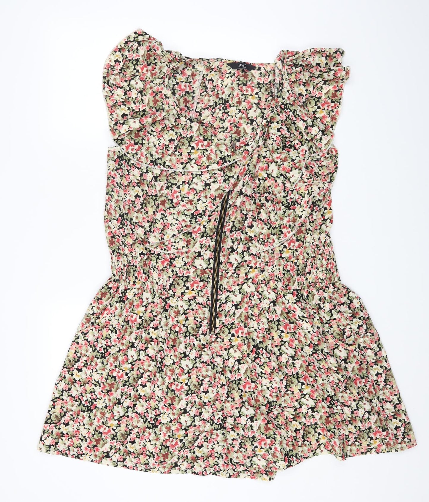 F&F Womens Multicoloured Floral Polyester Fit & Flare Size L Round Neck Zip