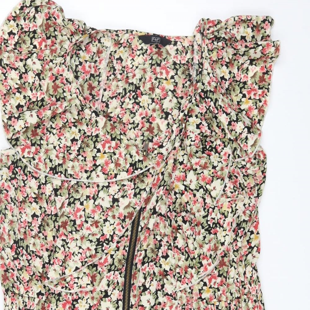 F&F Womens Multicoloured Floral Polyester Fit & Flare Size L Round Neck Zip