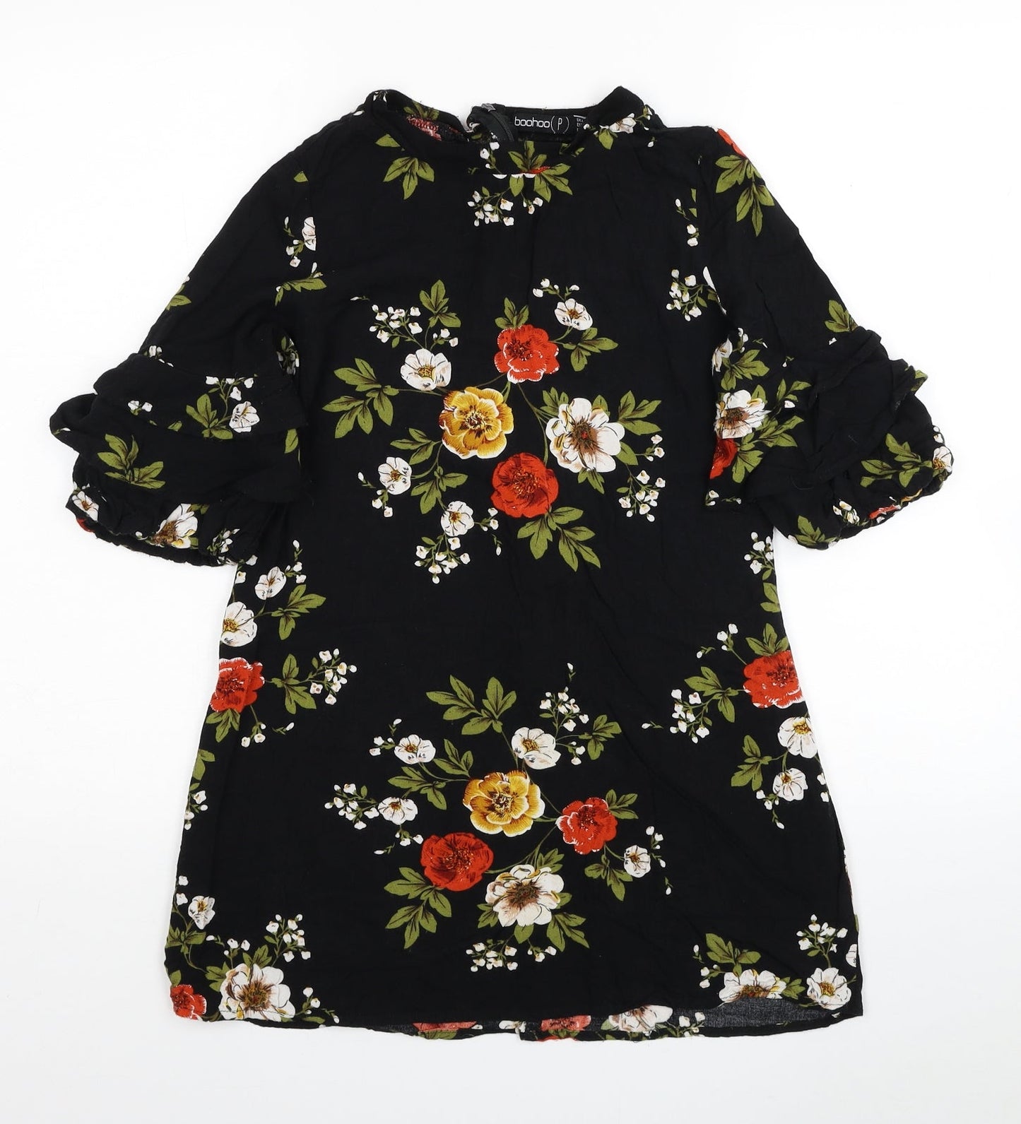 Boohoo Womens Black Floral Viscose T-Shirt Dress Size 4 Round Neck Zip