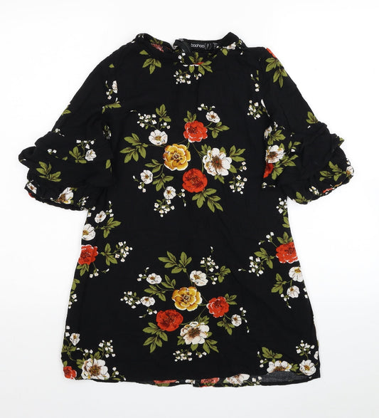 Boohoo Womens Black Floral Viscose T-Shirt Dress Size 4 Round Neck Zip