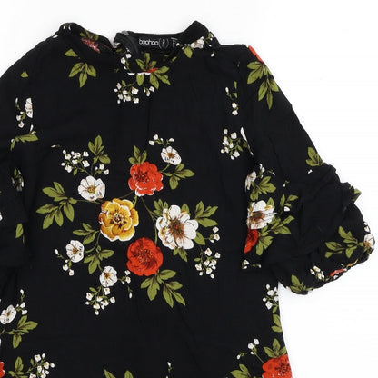 Boohoo Womens Black Floral Viscose T-Shirt Dress Size 4 Round Neck Zip