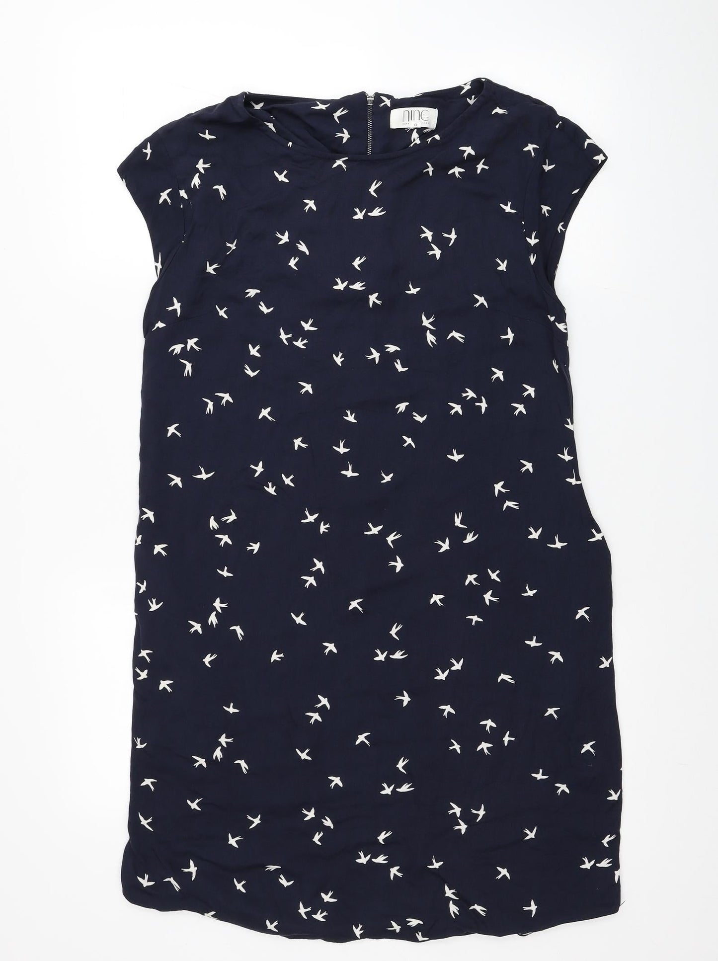 Debenhams Womens Blue Geometric Viscose T-Shirt Dress Size 10 Scoop Neck Zip - Bird Print