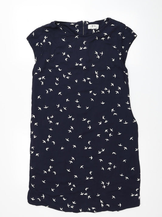 Debenhams Womens Blue Geometric Viscose T-Shirt Dress Size 10 Scoop Neck Zip - Bird Print