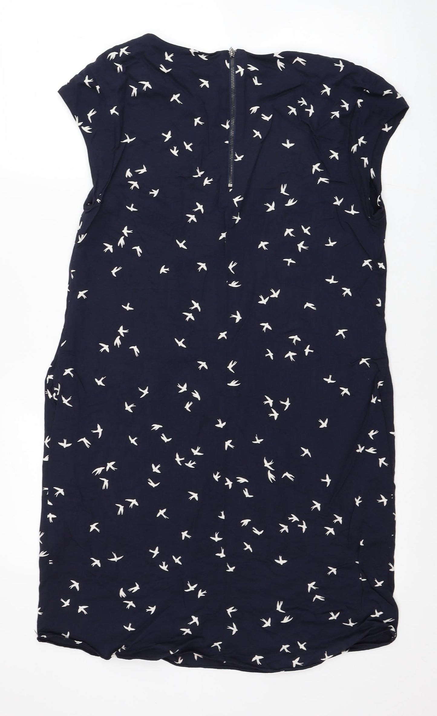 Debenhams Womens Blue Geometric Viscose T-Shirt Dress Size 10 Scoop Neck Zip - Bird Print