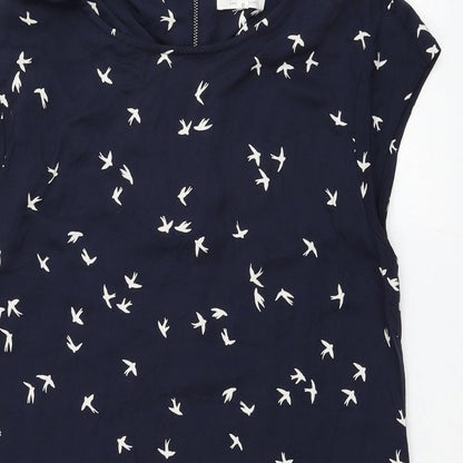 Debenhams Womens Blue Geometric Viscose T-Shirt Dress Size 10 Scoop Neck Zip - Bird Print