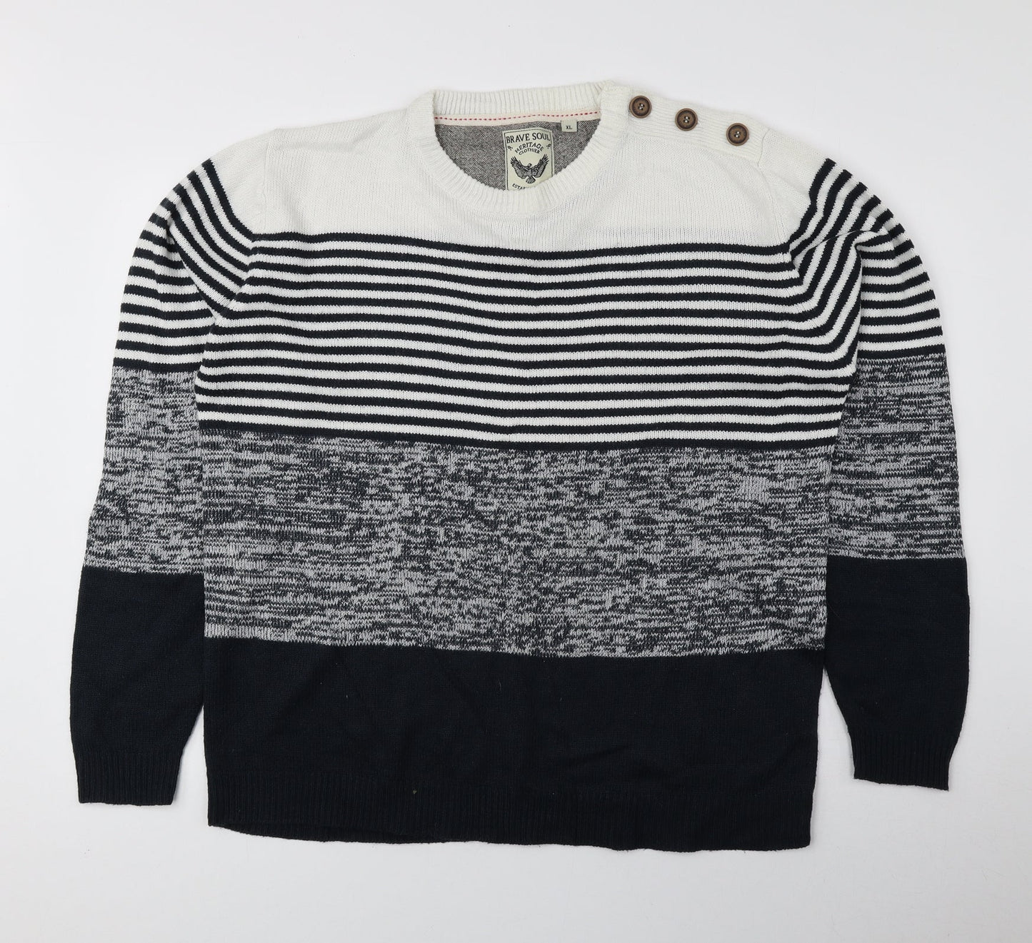 Brave Soul Mens Blue Round Neck Striped Acrylic Pullover Jumper Size XL