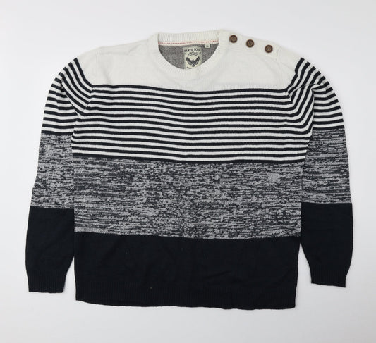 Brave Soul Mens Blue Round Neck Striped Acrylic Pullover Jumper Size XL