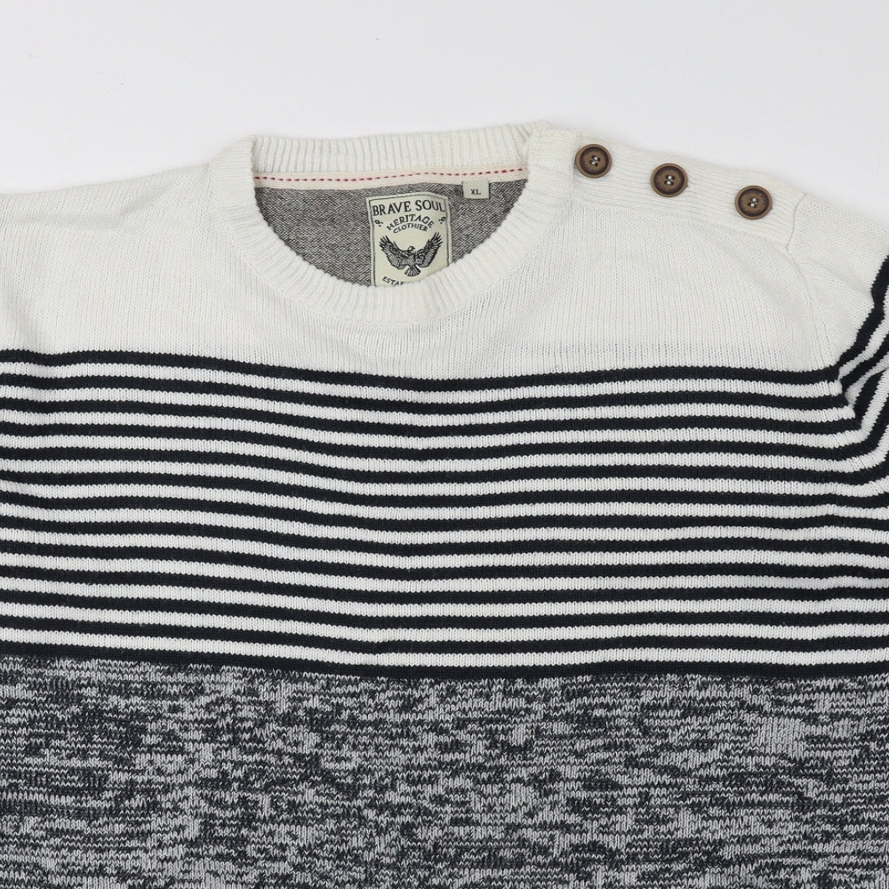 Brave Soul Mens Blue Round Neck Striped Acrylic Pullover Jumper Size XL