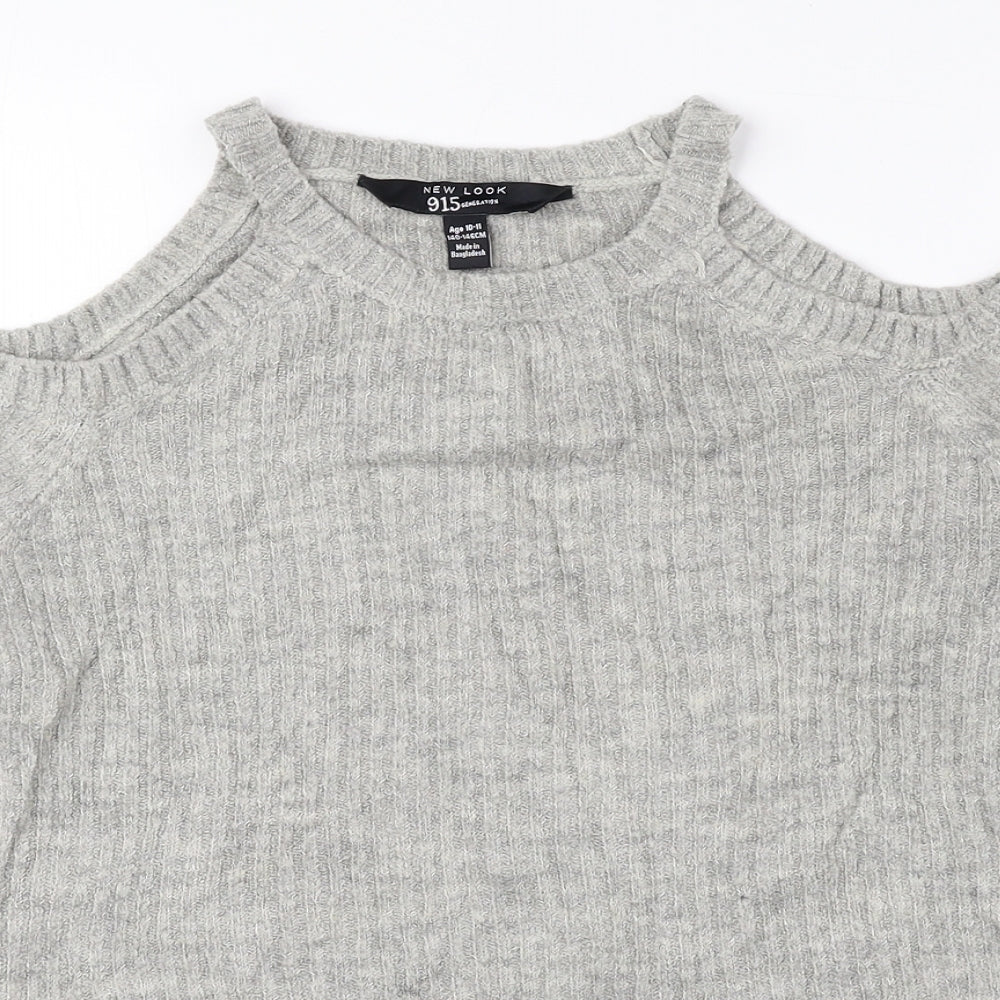 New Look Girls Grey Round Neck Acrylic Pullover Jumper Size 10-11 Years Pullover - Cold Shoulder