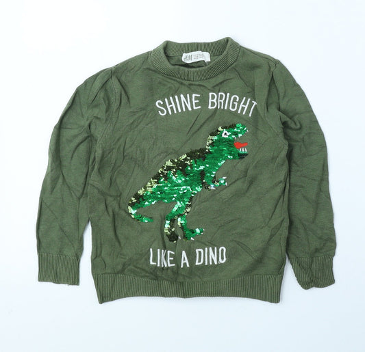 H&M Girls Green Round Neck Geometric 100% Cotton Pullover Jumper Size 4 Years Pullover - Dinosaur