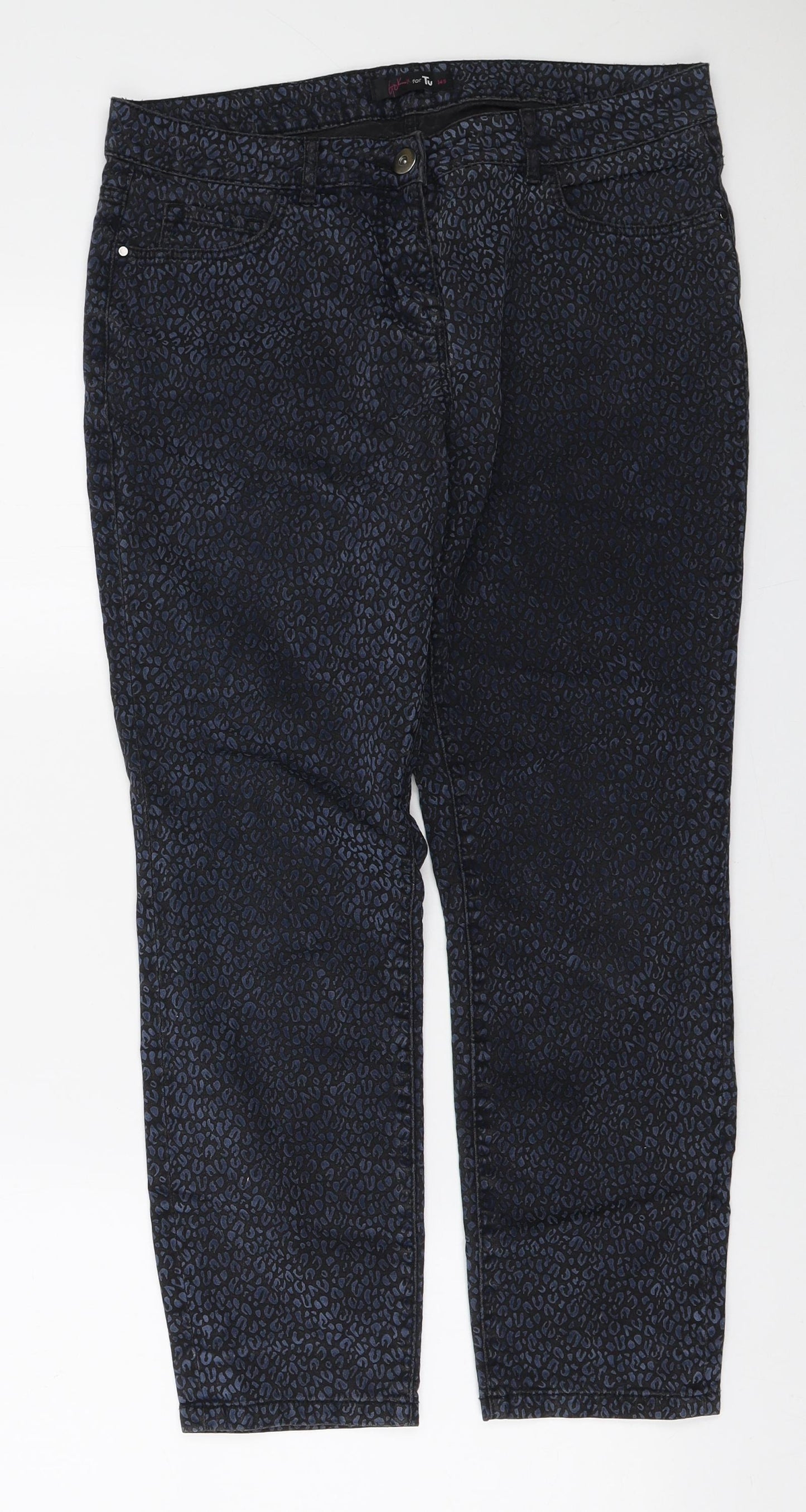 TU Womens Black Animal Print Cotton Straight Jeans Size 14 L25 in Regular Zip