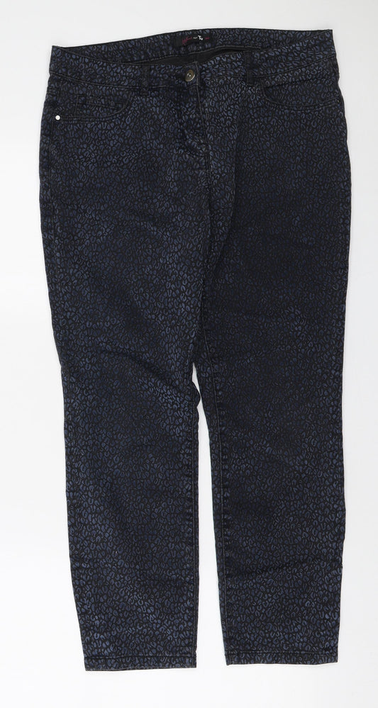 TU Womens Black Animal Print Cotton Straight Jeans Size 14 L25 in Regular Zip