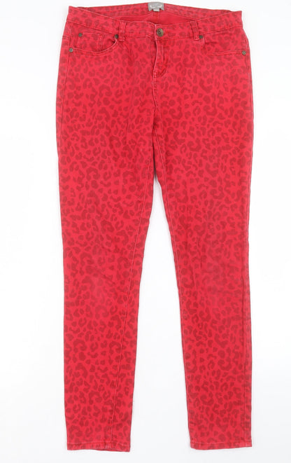 Arabella & Addison Womens Red Animal Print Cotton Skinny Jeans Size L L30 in Regular Button
