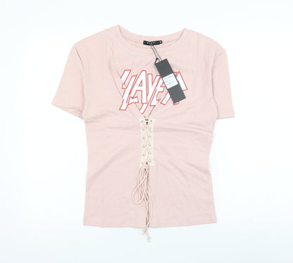 Eight Womens Pink Cotton Basic T-Shirt Size M Round Neck - Slayer Lace Up