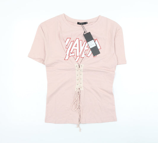 Eight Womens Pink Cotton Basic T-Shirt Size M Round Neck - Slayer Lace Up