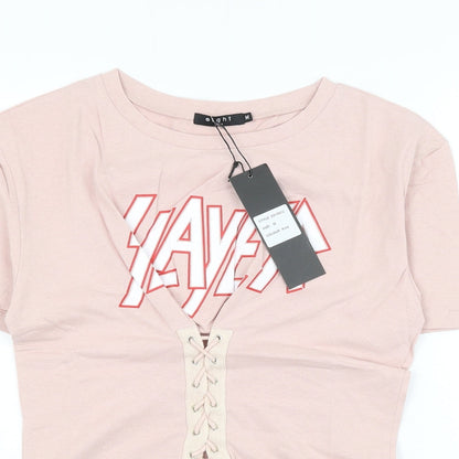 Eight Womens Pink Cotton Basic T-Shirt Size M Round Neck - Slayer Lace Up