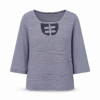bonm Womens Blue Striped Polyester Basic T-Shirt Size M Scoop Neck