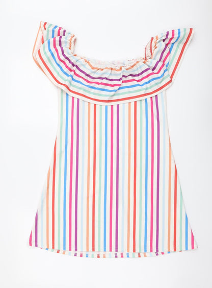 Boohoo Womens Multicoloured Striped Polyester A-Line Size 10 Off the Shoulder Pullover