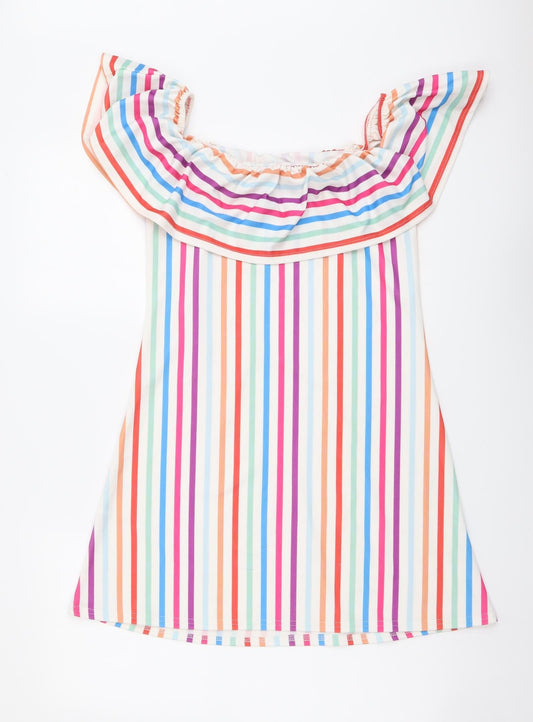 Boohoo Womens Multicoloured Striped Polyester A-Line Size 10 Off the Shoulder Pullover