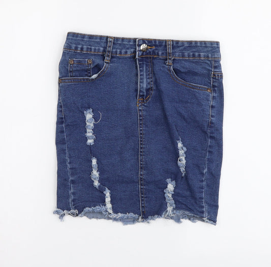 Boohoo Womens Blue Cotton Mini Skirt Size 8 Button - Distressed Look