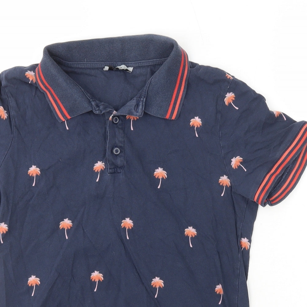 TU Womens Blue Geometric 100% Cotton Basic Polo Size S Collared - Palm Trees