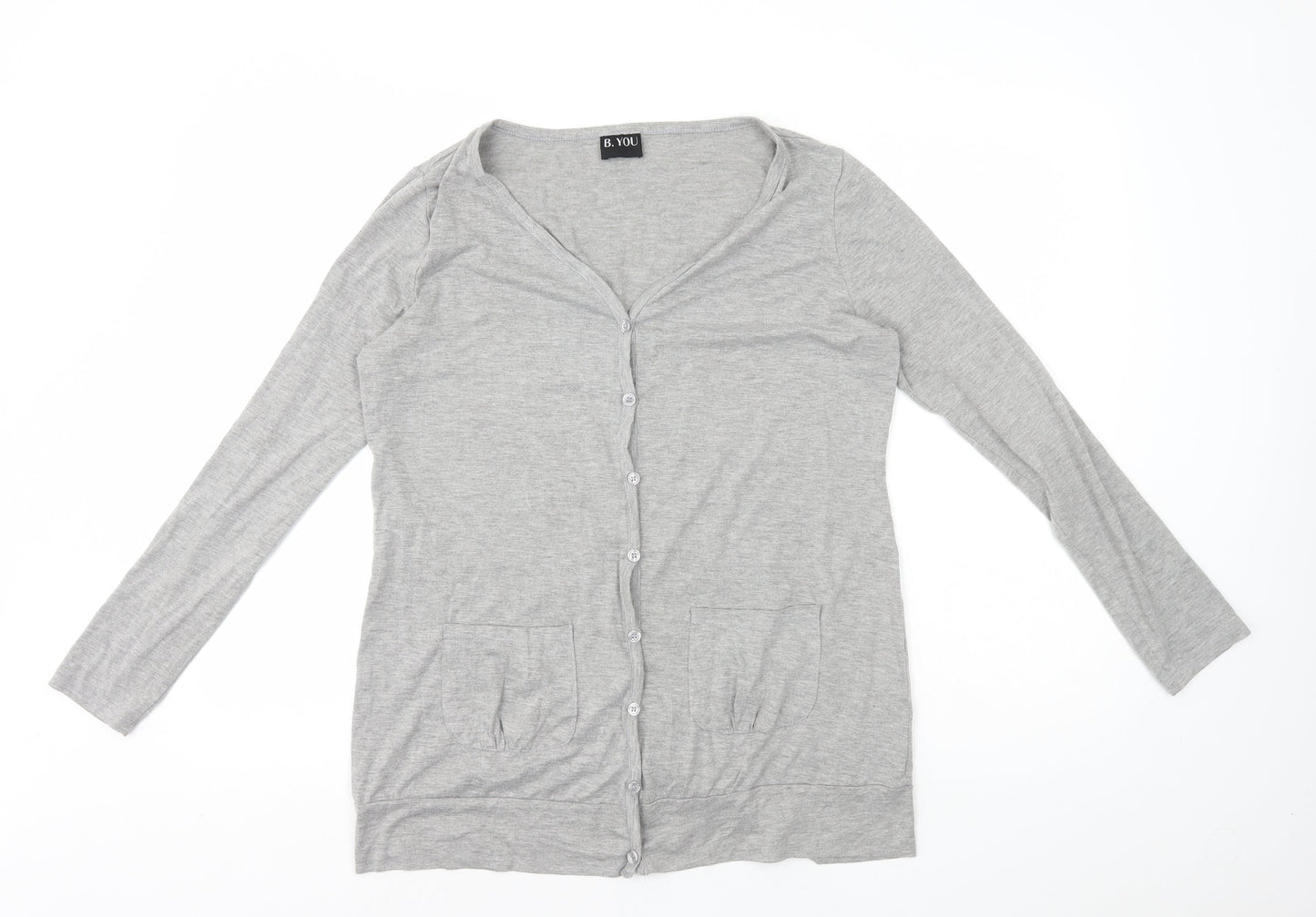 B You Womens Grey V-Neck Polyester Cardigan Jumper Size 14