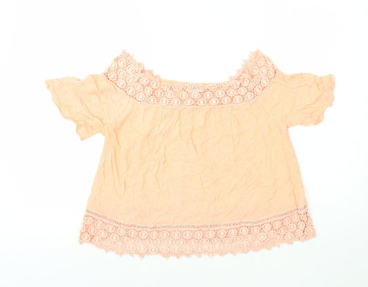 Miss Selfridge Womens Orange Polyester Basic T-Shirt Size 12 Off the Shoulder - Crochet Detail on Sleeve and Hem