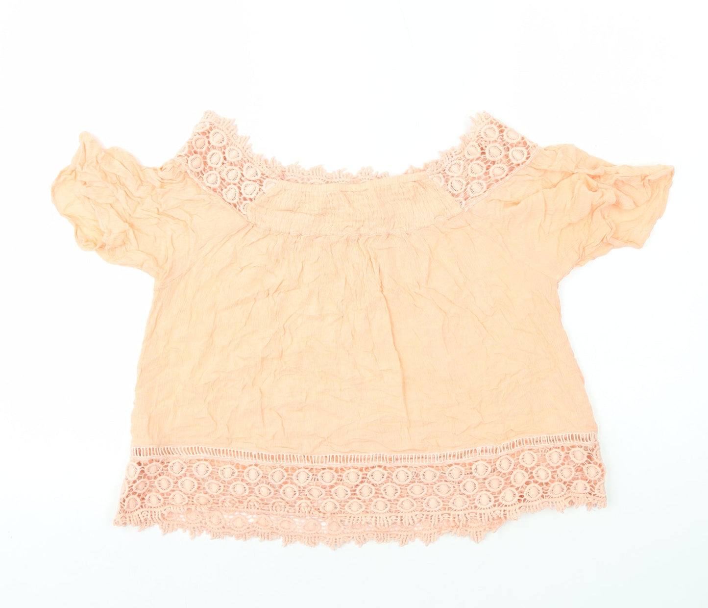 Miss Selfridge Womens Orange Polyester Basic T-Shirt Size 12 Off the Shoulder - Crochet Detail on Sleeve and Hem