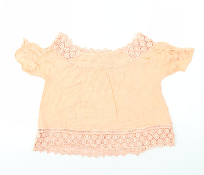 Miss Selfridge Womens Orange Polyester Basic T-Shirt Size 12 Off the Shoulder - Crochet Detail on Sleeve and Hem