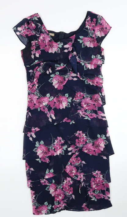 M&Co Womens Blue Floral Polyester Pencil Dress Size 8 Boat Neck Zip