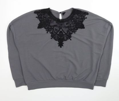 SheIn Womens Grey Geometric Polyester Pullover Sweatshirt Size L Button - Lace Detail
