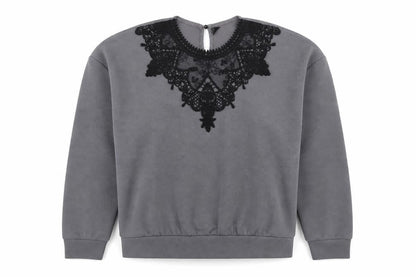 SheIn Womens Grey Geometric Polyester Pullover Sweatshirt Size L Button - Lace Detail