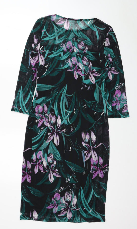 M&Co Womens Black Floral Polyester Pencil Dress Size 8 Scoop Neck Pullover