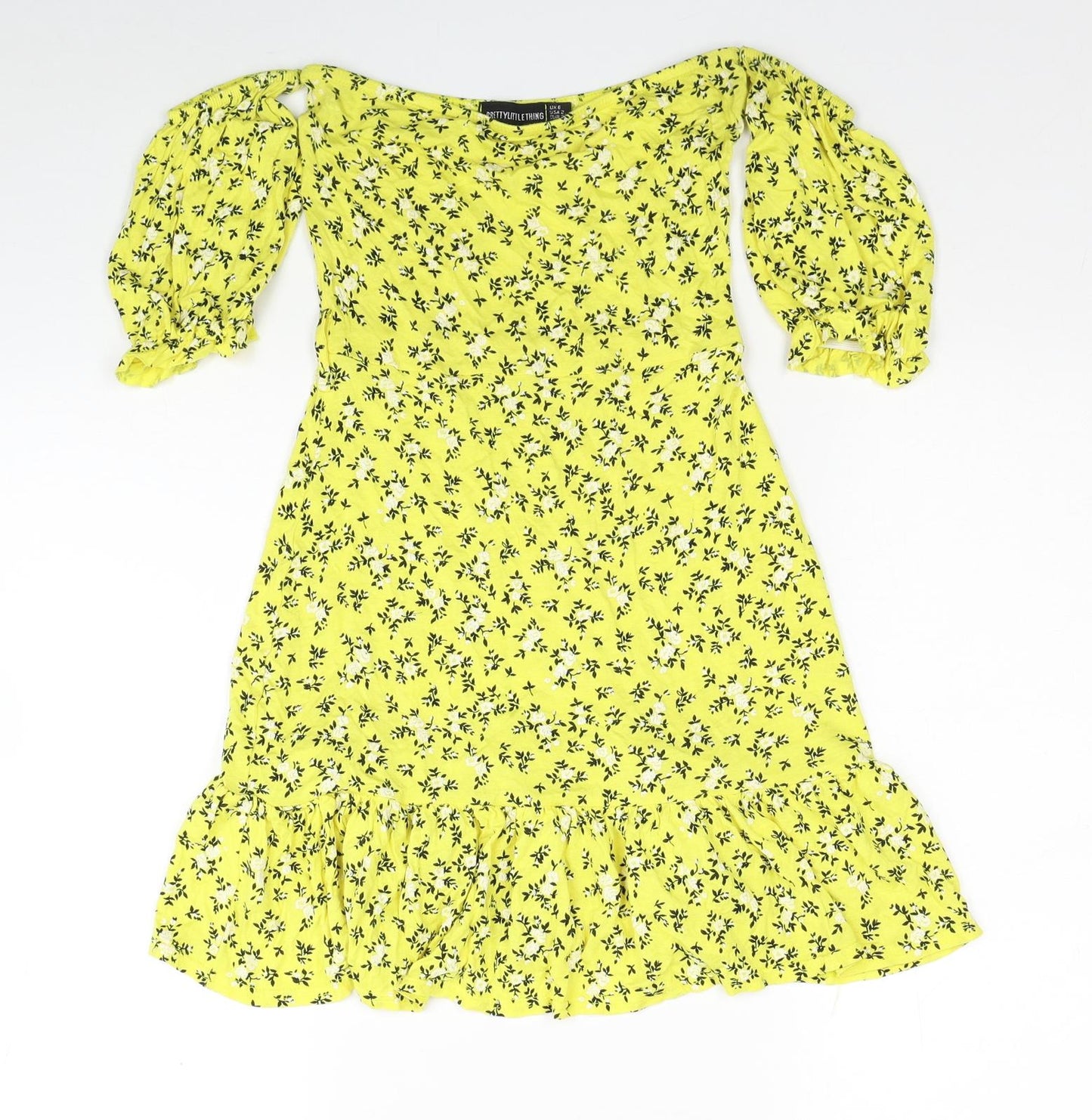 PRETTYLITTLETHING Womens Yellow Floral Viscose Mini Size 6 Off the Shoulder Pullover - Cold Shoulder