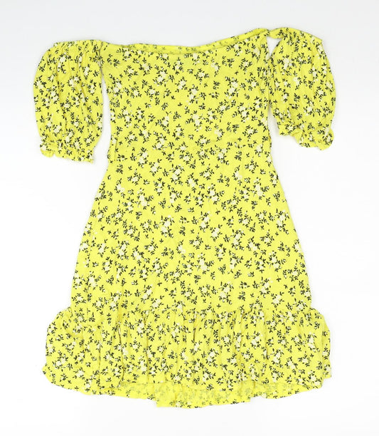 PRETTYLITTLETHING Womens Yellow Floral Viscose Mini Size 6 Off the Shoulder Pullover - Cold Shoulder