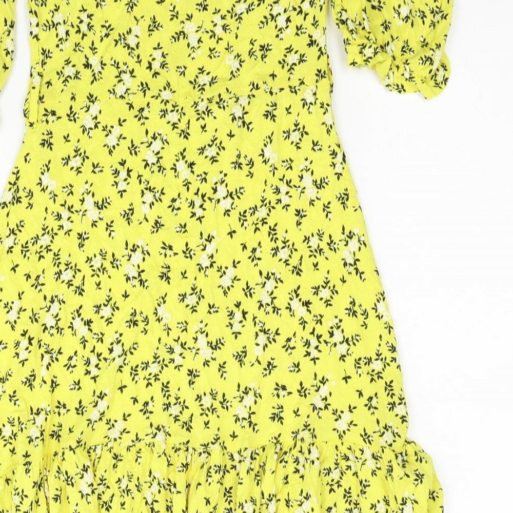 PRETTYLITTLETHING Womens Yellow Floral Viscose Mini Size 6 Off the Shoulder Pullover - Cold Shoulder