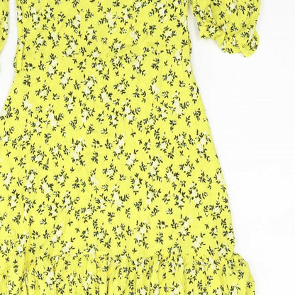 PRETTYLITTLETHING Womens Yellow Floral Viscose Mini Size 6 Off the Shoulder Pullover - Cold Shoulder
