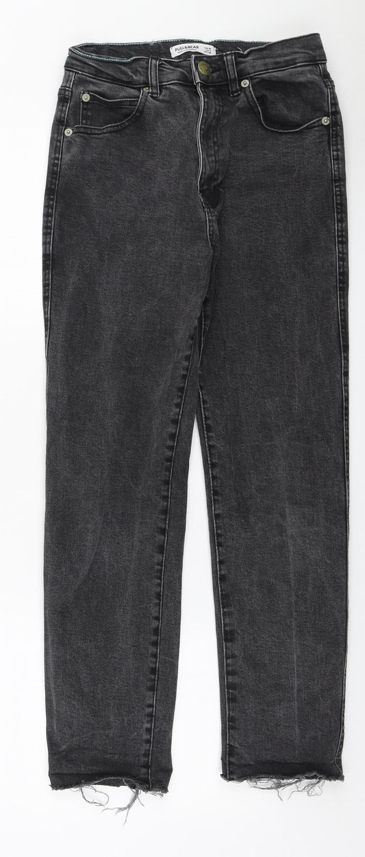 Pull&Bear Womens Grey Cotton Straight Jeans Size 8 L26 in Regular Zip - Distressed hem