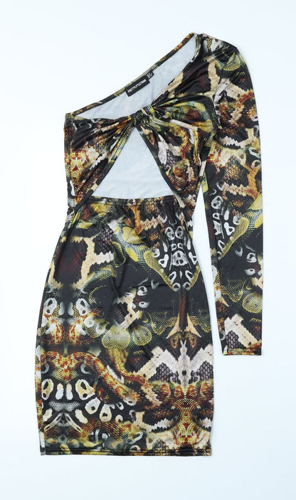 PRETTYLITTLETHING Womens Multicoloured Geometric Polyester Bodycon Size 8 One Shoulder Pullover