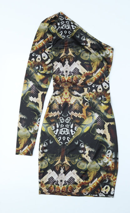 PRETTYLITTLETHING Womens Multicoloured Geometric Polyester Bodycon Size 8 One Shoulder Pullover