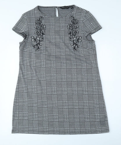 Dorothy Perkins Womens Black Plaid Polyester A-Line Size 14 Round Neck Button