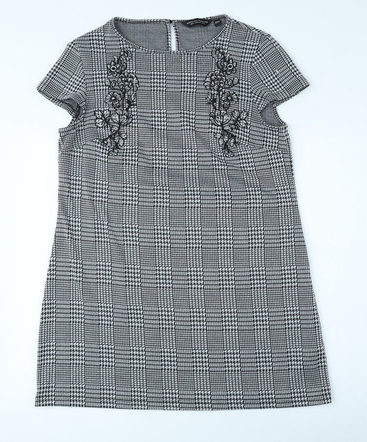 Dorothy Perkins Womens Black Plaid Polyester A-Line Size 14 Round Neck Button