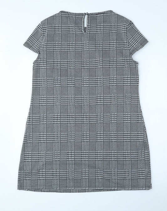 Dorothy Perkins Womens Black Plaid Polyester A-Line Size 14 Round Neck Button