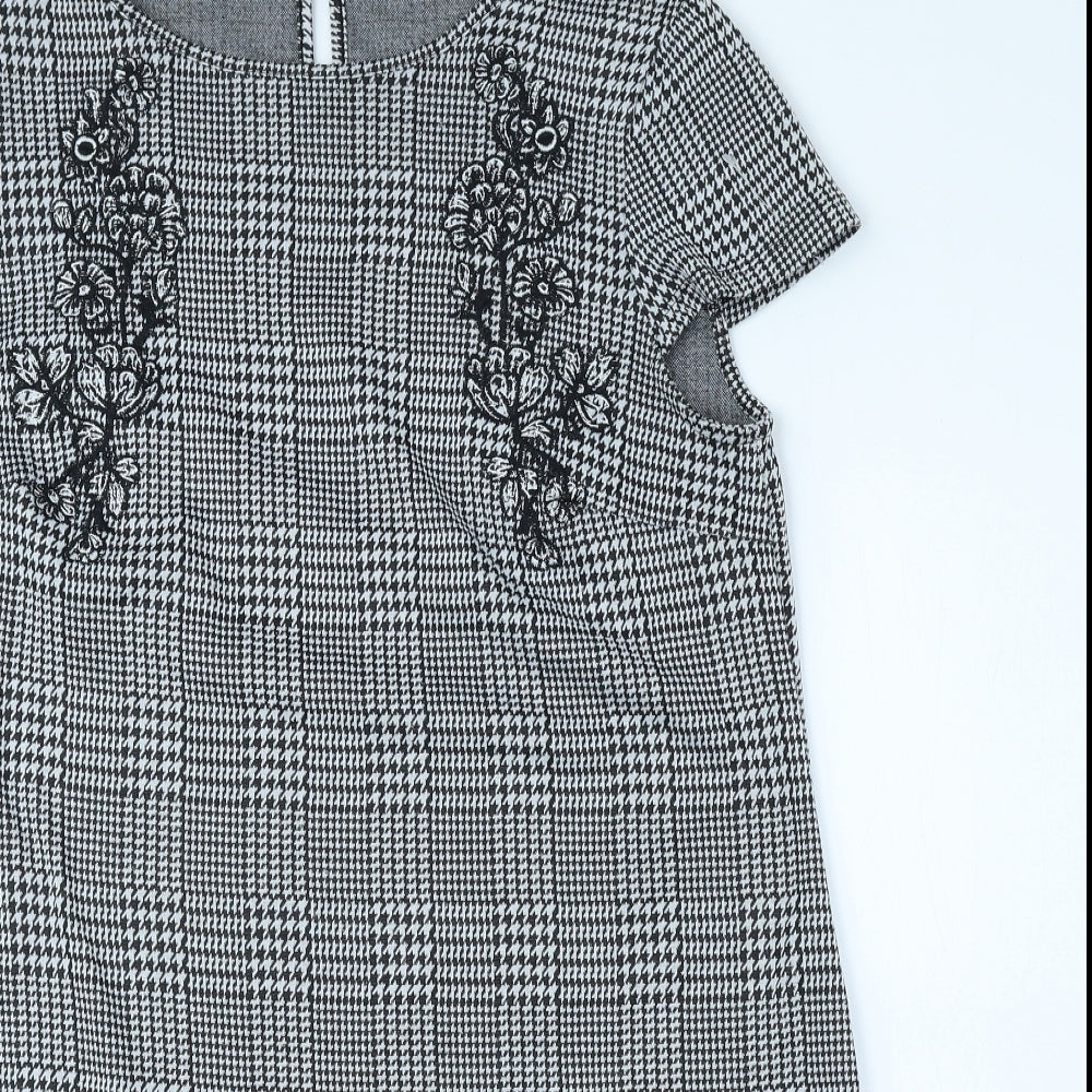 Dorothy Perkins Womens Black Plaid Polyester A-Line Size 14 Round Neck Button